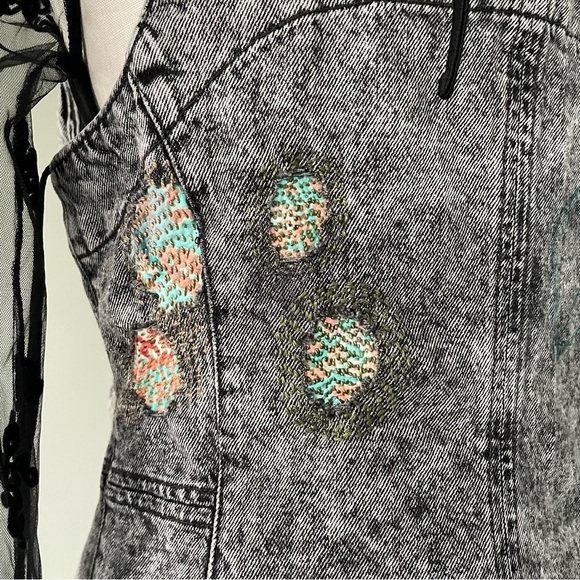 We The Free Upcycled denim overall dress Sashiko embroidered handmade size 12 - Picture 10 of 13
